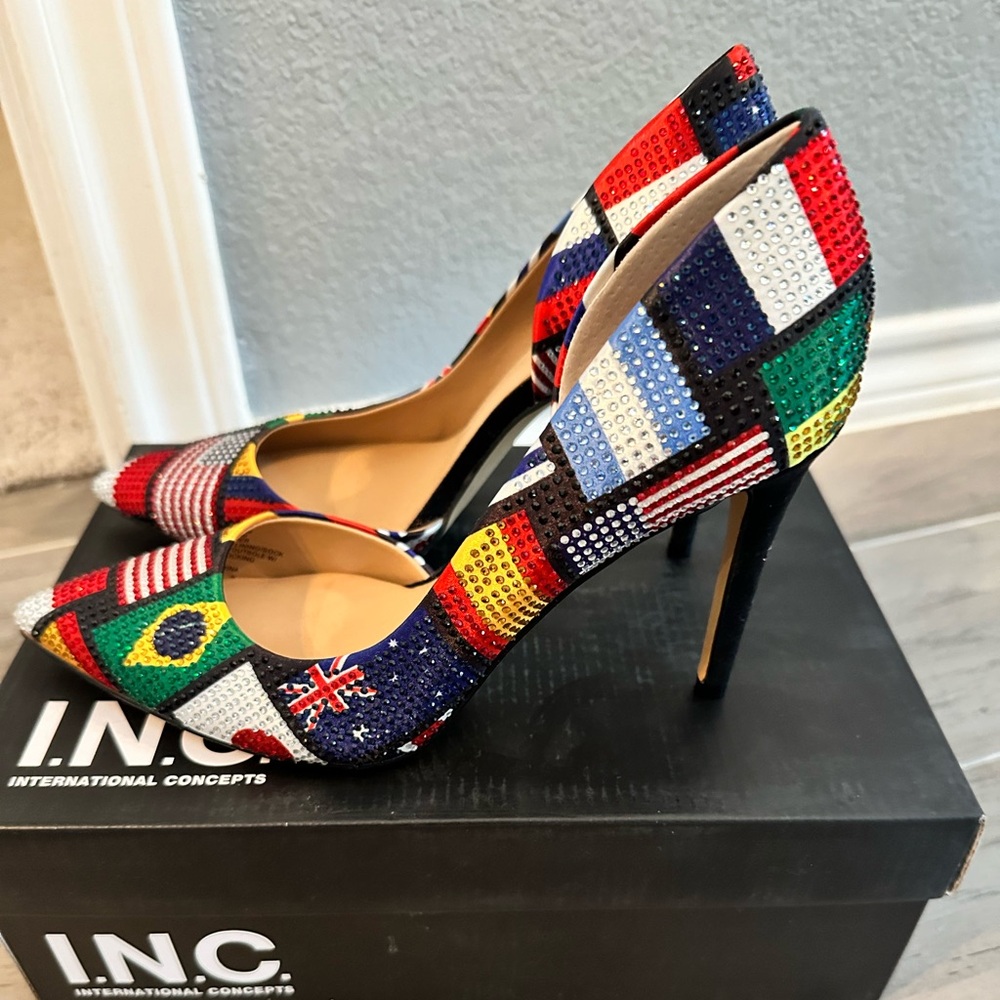Brand new INC world flag glitter heels. Size 7, fit like a 6.